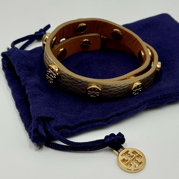 Tory Burch Miller Double Wrap Gold Logo on Gold Leather Bracelet - Picture 5 of 6